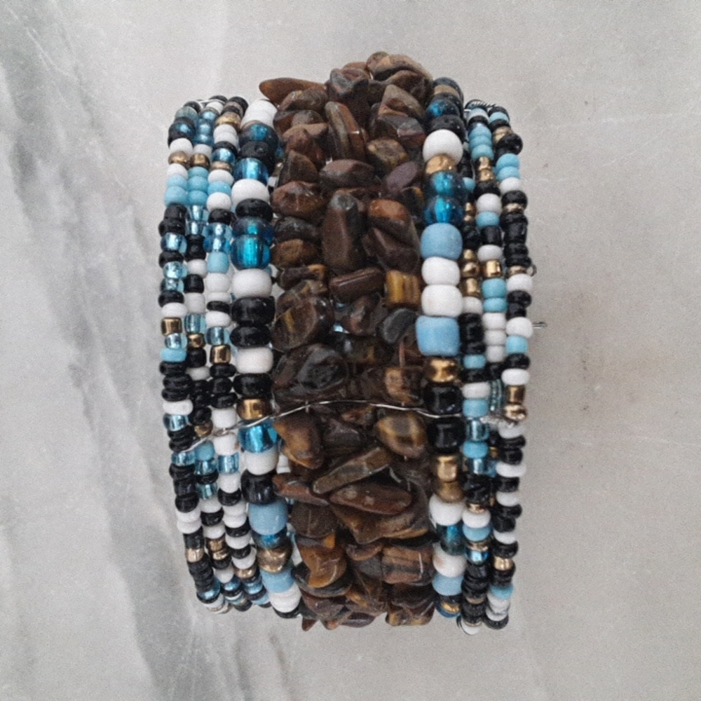 Blue Adjustable Stone and Beaded Bracelet Fits Any Size